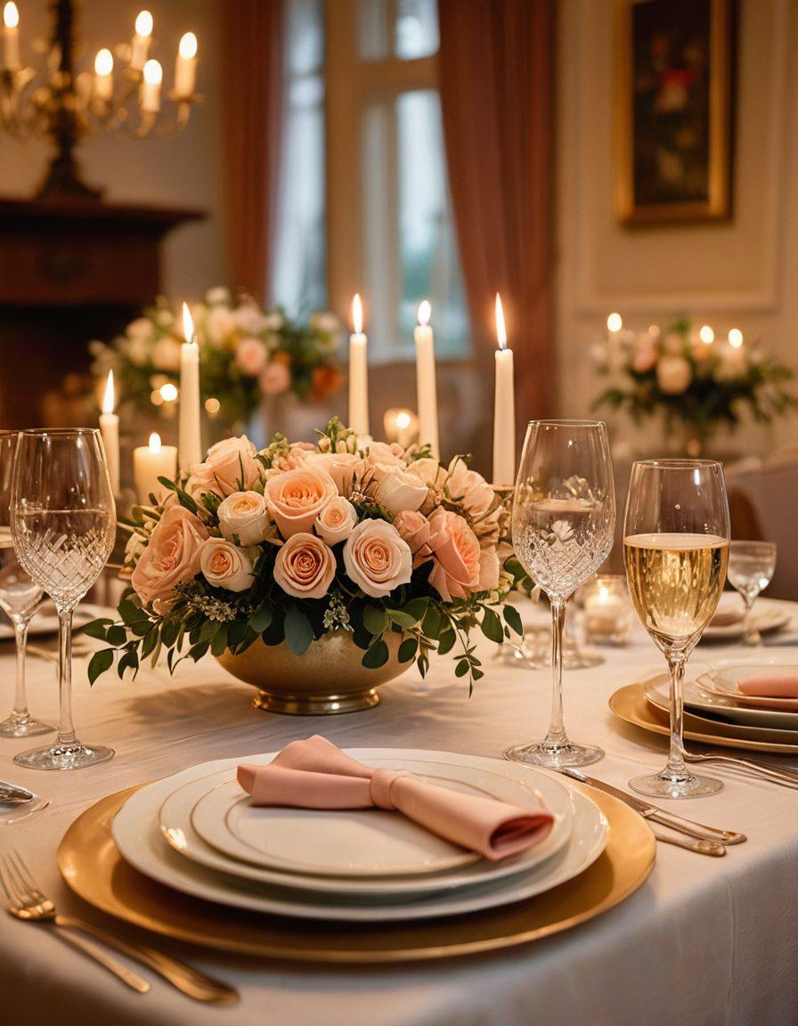 A cozy candlelit dinner setting with two elegantly set tables, soft focus on a couple laughing together, surrounded by soft plush decor representing warmth and intimacy, subtle heart shapes in the background, and gentle floral arrangements. super-realistic. warm colors. romantic atmosphere.