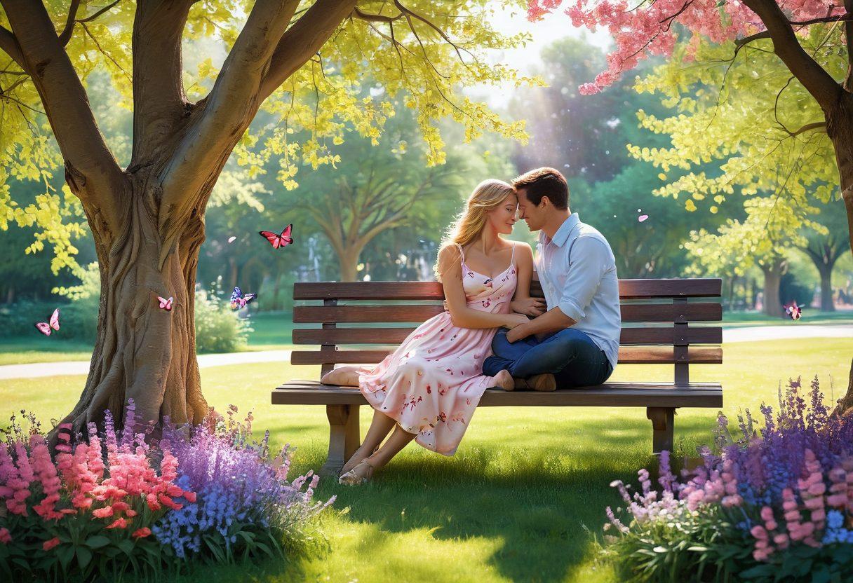 A cozy, heartwarming scene of a couple sharing a tender moment in a sunlit park, surrounded by blooming flowers and soft, floating hearts. The couple should be depicted in a candid embrace, radiating warmth and love, with soft pastel colors enhancing the feeling of affection. Include a whimsical touch with gentle butterflies fluttering around them. 3D. vibrant colors.