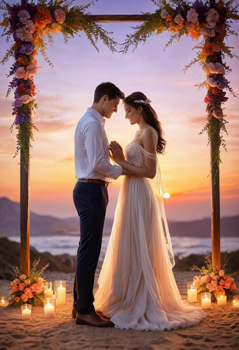 A warm, inviting scene featuring two couples sharing intimate moments, surrounded by soft glowing lights and heart-shaped decorations. The atmosphere exudes love and connection, with a backdrop of a serene sunset. Include elements like intertwined hands, shared laughter, and subtle floral arrangements to symbolize growth and care. Emphasize vibrant colors and a dreamy, romantic aura. super-realistic. warm tones. soft focus.